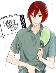 Rule 34 | 1boy, buttons, character name, collared shirt, commentary, confetti, dated, flower, green shirt, hagiwara daisuke, hair between eyes, hand fan, happy birthday, holding, holding fan, hori-san to miyamura-kun, looking at viewer, lower teeth only, male focus, open mouth, red eyes, red hair, sengoku kakeru, shirt, short hair, short sleeves, solo, sweat, teeth, upper body, white background