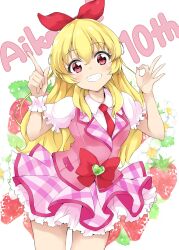 Rule 34 | 1girl, absurdres, aikatsu!, aikatsu! (series), blonde hair, blush, bow, collared shirt, commentary request, food, frilled skirt, frills, fruit, grin, hair between eyes, hair bow, hairband, hand up, highres, hoshimiya ichigo, idol clothes, index finger raised, kawahara natsuki, long hair, looking at viewer, necktie, ok sign, pink skirt, pink vest, pleated skirt, puffy short sleeves, puffy sleeves, red bow, red eyes, red hairband, red necktie, shirt, short sleeves, skirt, smile, solo, standing, strawberry, teeth, vest, white shirt, wrist cuffs