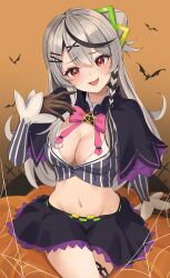 Rule 34 | 1girl, black gloves, breasts, cleavage, cosplay, gloves, grey hair, highres, hololive, looking at viewer, medium breasts, medium hair, murasaki shion (cosplay), open mouth, red eyes, sakamata chloe, shirt, smile, solo, striped clothes, striped shirt, tonton utaro, vertical-striped clothes, vertical-striped shirt, virtual youtuber