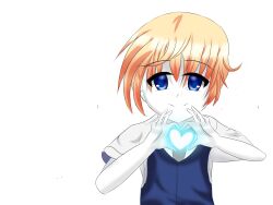 Rule 34 | 2000s (style), blonde hair, blue vest, cherryton school uniform, colored skin, girly boy, grey sleeves, heart, highres, looking at viewer, messy hair, non-web source, original, saturated, school uniform, smile, vest, white background, white skin
