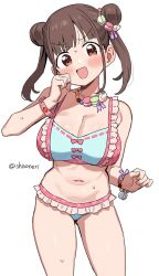 Rule 34 | 1girl, artist name, bikini, blush, bracelet, breasts, brown eyes, brown hair, cleavage, clenched hand, double bun, food, food-themed hair ornament, frilled bikini, frills, hair bun, hair ornament, hand up, highres, idolmaster, idolmaster shiny colors, jewelry, large breasts, looking at viewer, macaron, navel, necklace, open mouth, pink bikini, shisoneri, simple background, solo, sonoda chiyoko, stomach, swimsuit, twintails, twitter username, v-shaped eyebrows, white background