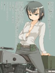 Rule 34 | 00s, 1girl, arakure, arm support, belt, blush stickers, breasts, dress shirt, expressionless, grabbing, grabbing another&#039;s breast, green eyes, hand under clothes, hand under shirt, hermes (kino no tabi), highres, kino (kino no tabi), kino no tabi, motor vehicle, motorcycle, pants, reverse trap, shirt, short hair, solo, translated, unbuttoned, vehicle
