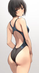 Rule 34 | 1girl, amagami, ass, black hair, black one-piece swimsuit, blush, breasts, brown eyes, commentary request, competition swimsuit, expressionless, from behind, highres, looking at viewer, medium breasts, nanasaki ai, one-piece swimsuit, serizawa (serizawaroom), short hair, simple background, solo, swimsuit