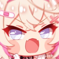 Rule 34 | 1girl, angry, artist name, bandaid, bandaid hair ornament, black choker, blonde hair, blue eyes, blush, chibi, chibi only, choker, crossed bangs, facing viewer, fangs, hair ornament, headphones, headphones around neck, hololive, hololive english, looking to the side, mococo abyssgard, mococo abyssgard (1st costume), motion blur, multicolored hair, open mouth, pink hair, rizumary, skin fangs, solo, two-tone hair, virtual youtuber, x hair ornament, zooming in
