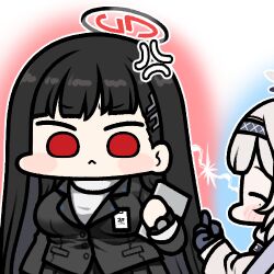 Rule 34 | 2girls, :&lt;, ^ ^, anger vein, black gloves, black hair, blazer, blue archive, blush, breasts, chibi, closed eyes, commentary request, gloves, grey hair, hair ornament, hairband, hairclip, halo, himari (blue archive), hime cut, jacket, jazz jack, long hair, lowres, middle finger, mole, mole under eye, multiple girls, red eyes, rio (blue archive), sweater, table, turtleneck, turtleneck sweater, watch, wristwatch