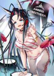Rule 34 | 1girl, :d, animal ears, arknights, arm support, bare arms, bare shoulders, black choker, black hair, blaze (arknights), blaze (burst feline) (arknights), blue eyes, breasts, camisole, cat ears, choker, claw pose, crop top, dan shuimo yin, drum, drum set, fang, forehead, groin, hand up, headphones, headset, highres, instrument, large breasts, long hair, looking at viewer, midriff, navel, official alternate costume, open mouth, pants, smile, solo, spaghetti strap, stomach, very long hair, watch, white pants, wristwatch