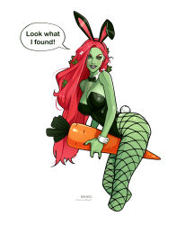 Rule 34 | 1girl, alternate costume, animal ears, artist name, black bow, black bowtie, black leotard, bow, bowtie, carrot, colored skin, dc comics, detached collar, english text, fishnet pantyhose, fishnets, green eyes, green skin, highres, holding, holding carrot, leotard, long hair, looking at viewer, olena minko, pantyhose, patreon username, playboy bunny, poison ivy, rabbit ears, rabbit tail, red hair, simple background, solo, speech bubble, tail, watermark, web address, white background