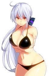 Rule 34 | 1girl, alternate costume, asanome, bare arms, bare legs, bikini, black bikini, blush, breast hold, breasts, cleavage, curvy, embarrassed, female focus, hair between eyes, hair ribbon, large breasts, long hair, looking at viewer, navel, ponytail, red eyes, ribbon, silver hair, simple background, solo, swimsuit, tears, thick thighs, thighs, very long hair, vocaloid, wavy mouth, wide hips, yowane haku