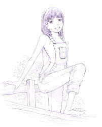 Rule 34 | 1girl, barefoot, feet, monochrome, naked overalls, original, overalls, sketch, soles, solo, toes, traditional media, yoshitomi akihito