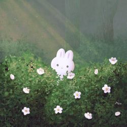 Rule 34 | ayu (mog), rabbit, bush, daisy, flower, forest, light rays, nature, no humans, original, outdoors, signature, smile, solo, symbol-only commentary, tree, white flower