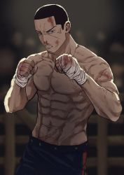 Rule 34 | 1boy, abs, absurdres, bad id, bad pixiv id, black eyes, black hair, blood, blood on face, blood on hands, blue pants, buzz cut, facial hair, fighting stance, golden kamuy, highres, male focus, navel, pants, pectorals, short hair, solo, stubble, toned, toned male, tonta (tonta1231), topless male, tsukishima hajime, very short hair