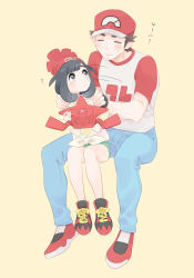 Rule 34 | 1boy, 1girl, ?, age difference, bad id, bad pixiv id, baseball cap, beanie, black hair, blush, brown hair, closed eyes, closed mouth, commentary request, creatures (company), eyelashes, game freak, gen 4 pokemon, green shorts, grey eyes, hat, highres, holding, invisible chair, medium hair, nintendo, pants, pokemon, pokemon (creature), pokemon sm, pumpkinpan, red (pokemon), red headwear, rotom, rotom dex, selene (pokemon), shirt, shoes, short hair, short sleeves, shorts, sitting, smile, t-shirt, tied shirt, yellow background, yellow shirt