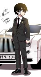 Rule 34 | 1boy, absurdres, bags under eyes, bandage on face, bandages, black eyes, black hair, business suit, car, commentary, formal, full body, highres, korean text, lee hoon, male focus, motor vehicle, necktie, parkgee, rolls royce, simple background, solo, suicide boy, suit, white background