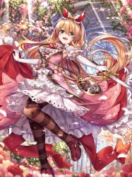 Rule 34 | 1girl, :d, alice (shingeki no bahamut), bag, blonde hair, blue eyes, clock, commentary request, elbow gloves, flower, frills, gloves, handbag, holding, holding sword, holding weapon, ks (xephyrks), long hair, looking at viewer, open mouth, petals, shadowverse, shingeki no bahamut, smile, solo, striped clothes, striped thighhighs, sword, thighhighs, weapon, white gloves