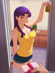 Rule 34 | 1boy, 1girl, alcohol, bare legs, bare shoulders, beer can, breasts, brown eyes, can, denim, denim shorts, door, drink can, earrings, gift, hetero, highres, holding, holding can, holding gift, jewelry, katsuragi misato, long hair, looking at another, looking at viewer, medium breasts, neon genesis evangelion, no bra, open mouth, purple hair, shiny skin, shirt, short shorts, shorts, smile, thick thighs, thighs, valentine, vivi monsta, wide hips, yellow shirt