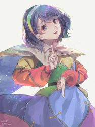 Rule 34 | 1girl, capelet, cowboy shot, dress, grey background, hairband, head tilt, index finger raised, looking at viewer, m (neteitai10), multicolored clothes, multicolored dress, parted lips, purple eyes, purple hair, rainbow gradient, short hair, simple background, smile, solo, tenkyuu chimata, touhou, white capelet