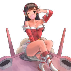 Rule 34 | 1girl, ahri (league of legends), ahri (league of legends) (cosplay), bare shoulders, between legs, breasts, brown eyes, brown hair, blowing bubbles, cellphone, chewing gum, cleavage, collarbone, commentary, cosplay, covering privates, covering crotch, crossed legs, crossover, d.va (overwatch), detached sleeves, dlausdnr56, facepaint, facial mark, fox tail, headphones, highres, holding, holding phone, korean clothes, league of legends, long hair, looking at viewer, mecha, medium breasts, multiple tails, one eye closed, overwatch, overwatch 1, phone, robot, simple background, sitting, sitting on object, smartphone, solo, swept bangs, tail, thighs, v, whisker markings, white background