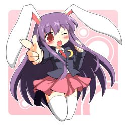 Rule 34 | 1girl, animal ears, blush, clenched hand, crescent, jacket, legs folded, long hair, long sleeves, looking at viewer, necktie, one eye closed, open mouth, pink background, pleated skirt, pointing, pointing at viewer, polka dot, polka dot background, purple eyes, purple hair, rabbit ears, red necktie, reisen udongein inaba, shinshiusa, skirt, solo, suit jacket, thighhighs, touhou, usagi koushaku, very long hair, wink, zettai ryouiki
