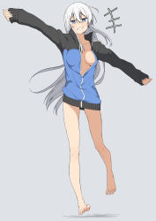 Rule 34 | +++, 1girl, :d, arms up, bad id, bad pixiv id, bare legs, barefoot, breasts, collarbone, full body, grey background, grin, hair between eyes, jacket, long hair, long sleeves, medium breasts, naked jacket, no bra, open mouth, original, outstretched arms, running, salpin, silver hair, simple background, sleeves past wrists, smile, solo, teeth, track jacket, two-tone jumpsuit, very long hair