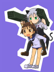 Rule 34 | 2girls, animal ears, blush stickers, brown eyes, brown hair, cat ears, cat tail, dog ears, dog tail, green eyes, highres, kill me baby, military, military uniform, miyafuji yoshika, multiple girls, open mouth, pantyhose, parody, piggyback, rocket launcher, sanya v. litvyak, short hair, silver hair, strike witches, swimsuit, swimsuit under clothes, tail, uniform, weapon, world witches series, zatou (kirsakizato)