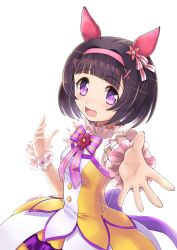 Rule 34 | 1girl, animal ears, as&#039;maria, bow, bowtie, breasts, brown hair, dress, ear covers, hair ornament, hairband, horse ears, nishino flower (umamusume), open mouth, outstretched arm, purple eyes, reaching, reaching towards viewer, short hair, signature, simple background, sleeveless, sleeveless dress, small breasts, smile, solo, sparkle, umamusume, white background, wrist cuffs, x hair ornament