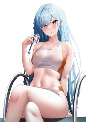 Rule 34 | absurdres, bare shoulders, bikini, blue eyes, blue hair, blush, borrowed character, breasts, cleavage, collarbone, croenji, crossed legs, hand in own hair, highres, long hair, looking at viewer, medium breasts, midriff, bae minah (chaesu), navel, open mouth, original, simple background, sitting, solo, sportswear, swept bangs, swimsuit, thighs, very long hair, wet, wet clothes, white background