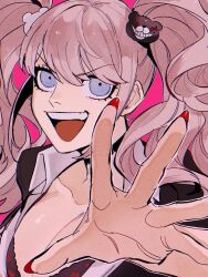 Rule 34 | 1girl, :d, bear hair ornament, black bra, black shirt, blue eyes, bra, breasts, cleavage, collarbone, danganronpa: trigger happy havoc, danganronpa (series), enoshima junko, hair ornament, hand up, highres, large breasts, long hair, looking at viewer, nail polish, open mouth, pink background, red nails, shirt, simple background, smile, solo, swept bangs, tongue, twintails, underwear, upper body, wanijima