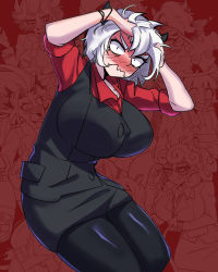 Rule 34 | black vest, blush, breasts, collared shirt, crazy agong, demon girl, demon horns, female focus, hands in hair, helltaker, highres, horns, large breasts, looking at viewer, malina (helltaker), multiple girls, pantyhose, red eyes, red shirt, shirt, short hair, solo focus, vest, white hair