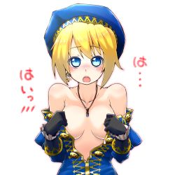 Rule 34 | 1girl, blonde hair, blue eyes, blush, breasts, cleavage, earrings, embarrassed, fantasy earth zero, female focus, hat, jeanne (fantasy earth zero), jewelry, looking at viewer, mesonasi, necklace, no bra, open clothes, open mouth, open shirt, shirt, simple background, small breasts, solo, undressing, white background