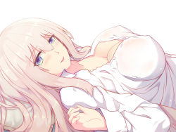 Rule 34 | 1girl, blue eyes, breasts, collarbone, grey hair, hair between eyes, highres, large breasts, lexington (warship girls r), long hair, long sleeves, looking at viewer, lying, on back, open mouth, partially unbuttoned, shirt, sidelocks, solo, upper body, warship girls r, white shirt, xiao shei..