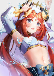 Rule 34 | 1girl, absurdres, armpits, arms up, blue eyes, blush, breasts, brooch, crop top, detached sleeves, genshin impact, harem outfit, highres, horns, jewelry, long hair, long sleeves, looking at viewer, medium breasts, navel, nilou (genshin impact), puffy long sleeves, puffy sleeves, red hair, shinomiya shino (sinosino141), skirt, smile, solo, stomach, twintails, veil