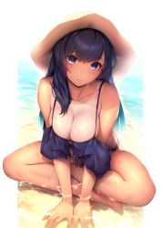 Rule 34 | 1girl, bare shoulders, bikini, black hair, blue eyes, blue one-piece swimsuit, blush, breasts, cleavage, closed mouth, collarbone, dark-skinned female, dark skin, full body, hat, highres, large breasts, legs, long hair, looking at viewer, mole, mole on breast, one-piece swimsuit, one-piece tan, original, outside border, ryuji (ikeriu), shallow water, shore, sitting, sun hat, swimsuit, tan, tanline, water