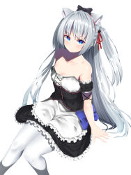 Rule 34 | 1girl, animal ear fluff, animal ears, apron, azur lane, black dress, blue bow, blue eyes, bow, breasts, cat ears, cleavage, detached sleeves, dress, feet out of frame, frilled apron, frilled dress, frills, hair ornament, hammann (azur lane), highres, long hair, looking at viewer, m-&gt;g, pantyhose, silver hair, simple background, sitting, small breasts, solo, strapless, strapless dress, very long hair, white apron, white background, white pantyhose
