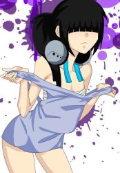 Rule 34 | 1girl, bare shoulders, black hair, blunt bangs, bottomless, breasts, covered eyes, headphones, jpeg artifacts, ponytail, sarashi, sleeveless, small breasts, solo, thighs, white background