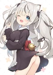 Rule 34 | 1girl, ;d, animal ears, apron, ass, bell, black bow, black dress, black ribbon, blue eyes, blush, bow, breasts, cat ears, cat girl, cat tail, commentary request, copyright request, dress, fang, frilled apron, frills, gedou (shigure seishin), grey hair, hair bow, hair ornament, hairclip, hands up, indie virtual youtuber, jingle bell, long hair, long sleeves, looking at viewer, looking to the side, medium breasts, multicolored hair, no panties, one eye closed, open mouth, puffy long sleeves, puffy sleeves, red bow, ribbon, skin fang, sleeves past wrists, smile, solo, streaked hair, tail, tail ornament, tail raised, tail ribbon, twintails, very long hair, virtual youtuber, white apron