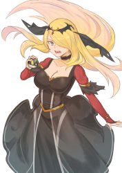 Rule 34 | 1girl, armlet, black dress, black veil, blonde hair, breasts, circlet, cleavage, creatures (company), cynthia (pokemon), cynthia (sygna suit) (renegade) (pokemon), dress, floating hair, game freak, grey eyes, hair ornament, hair over one eye, hand up, highres, holding, holding poke ball, large breasts, long hair, looking at viewer, magicfishtaco, nintendo, official alternate costume, open mouth, poke ball, pokemon, pokemon masters ex, simple background, solo, teeth, ultra ball, veil, white background