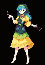 Rule 34 | 4qw5, apron, barefoot, between fingers, black background, black eyes, blue hair, closed mouth, full body, green apron, green headwear, haniyasushin keiki, head scarf, highres, holding, jewelry, long hair, looking at viewer, magatama, magatama necklace, necklace, pixel art, pocket, short sleeves, simple background, single strap, touhou, wood carving tool