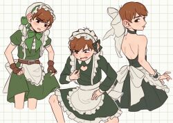Rule 34 | 1boy, apron, backless outfit, black eyes, blush, bow, brown gloves, brown hair, chilchuck tims, choker, cleavage cutout, clothing cutout, commentary request, cropped legs, crossdressing, dress, dungeon meshi, fingerless gloves, frilled wrist cuffs, frills, gloves, green bow, green choker, green dress, green ribbon, green wrist cuffs, hat, looking down, maid, maid apron, maid headdress, mob cap, multiple views, raamen014, ribbon, short hair, thighs, white background, white hat, white mob cap, wrist cuffs