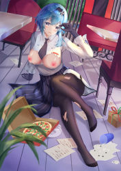 Rule 34 | 1girl, absurdres, apron, arm support, black apron, black hairband, black necktie, black pantyhose, blue hair, box, breasts, breasts out, chinese commentary, collared shirt, commentary request, dutch angle, eula (genshin impact), eula (pizza hut) (genshin impact), food, genshin impact, gift, gift box, hairband, hand up, heiyulingkong, highres, large breasts, long sleeves, looking at viewer, medium hair, necktie, nipples, open mouth, pantyhose, paper, pinstripe pattern, pizza, pizza box, purple eyes, shadow, shirt, short necktie, sitting, solo, spill, striped, torn clothes, torn pantyhose, torn shirt, waist apron, white shirt