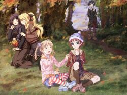 5girls amputee armless_amputee artist_request black_hair black_socks blonde_hair blush brown_hair burn_scar casual closed_eyes coat double_amputee fast_food food french_fries glasses green_eyes hakamichi_shizune hat ibarazaki_emi ikezawa_hanako indian_style katawa_shoujo kneehighs long_hair mcdonald&#039;s multiple_girls official_art pantyhose picnic prosthesis purple_eyes ribbon running_blades satou_lilly scar scarf short_hair sitting skirt sleeve_tied_shut socks striped_clothes striped_thighhighs textless_version tezuka_rin thighhighs tied_sleeves twintails