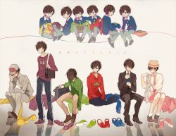 Rule 34 | 10s, 6+boys, :d, :o, adjusting clothes, adjusting necktie, adjusting shoe, age comparison, akina422, back-to-back, bag, beige background, black eyes, black footwear, black hair, black jacket, black pants, blue footwear, blue necktie, brothers, brown footwear, bruise, child, closed mouth, unworn clothes, clothes writing, collared shirt, cross-laced footwear, dress shirt, dual persona, employee uniform, flip-flops, formal, frown, green footwear, grey eyes, grin, hair over eyes, hand on another&#039;s shoulder, hand on headwear, hat, hat over eyes, highres, holding, holding clothes, hood, hood down, hoodie, injury, invisible chair, jacket, long sleeves, looking at another, male focus, mask, matching outfits, matsuno choromatsu, matsuno ichimatsu, matsuno jyushimatsu, matsuno karamatsu, matsuno osomatsu, matsuno todomatsu, messy hair, mouth mask, multiple boys, necktie, one eye closed, open mouth, osomatsu-kun, osomatsu-san, pants, pink necktie, pink shorts, plaid, plaid shirt, print shirt, red footwear, reflection, sandals, sextuplets, shade, shirt, shoes, unworn shoes, shorts, shoulder bag, siblings, sitting, slippers, smile, sneakers, socks, spoilers, string, suit, surgical mask, track pants, uniform, white legwear, white shirt