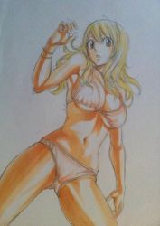 Rule 34 | 1girl, bare shoulders, bikini, blonde hair, breasts, brown eyes, cleavage, fairy tail, large breasts, long hair, lucy heartfilia, mashima hiro, midriff, navel, simple background, solo, swimsuit, tagme, yellow eyes