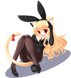 Rule 34 | 1girl, :d, animal ears, arms up, between breasts, black footwear, black gloves, black hairband, black leotard, black necktie, blonde hair, blush, breasts, brown pantyhose, cat ears, cat girl, cat tail, commentary request, elbow gloves, fake animal ears, fang, full body, gloves, hair between eyes, hairband, highres, kanijiru, kittysuit, knees together feet apart, knees up, large breasts, leotard, long hair, looking at viewer, necktie, necktie between breasts, nontraditional playboy bunny, open mouth, original, pantyhose, playboy bunny, rabbit ears, rabbit pose, red eyes, red ribbon, ribbon, shadow, shoe soles, shoes, short necktie, signature, smile, solo, strapless, strapless leotard, tail, tail ornament, tail ribbon, very long hair, white background