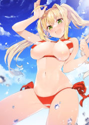 Rule 34 | 10s, 1girl, :d, ahoge, arm up, bad id, bad tumblr id, bare arms, bare legs, bare shoulders, bikini, blonde hair, blue sky, blurry, blush, breasts, breasts apart, cloud, cloudy sky, collarbone, cowboy shot, criss-cross halter, day, depth of field, dutch angle, earrings, eyelashes, fang, fate/extra, fate/grand order, fate (series), from below, gluteal fold, green eyes, groin, hair between eyes, hair intakes, halterneck, hands up, jewelry, koba, large breasts, legs apart, long hair, looking at viewer, navel, nero claudius (fate), nero claudius (fate) (all), nero claudius (swimsuit caster) (fate), open mouth, outdoors, side-tie bikini bottom, sidelocks, sky, smile, solo, standing, stomach, striped bikini, striped clothes, swimsuit, twintails, underboob, water, water drop