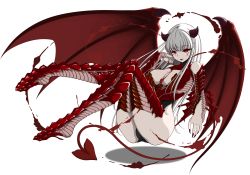 Rule 34 | 1girl, absurdres, bad id, bad pixiv id, black leotard, blood, breasts, cleavage, cleavage cutout, clothing cutout, demon girl, demon horns, demon tail, demon wings, floating, full body, highres, horns, large breasts, leotard, nail polish, original, red eyes, red leotard, red nails, scales, solo, tail, tako suzume, thighhighs, underwear, white hair, wings