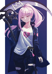 Rule 34 | 1girl, absurdres, ankimo (nirudo), belt, black jacket, black nails, black pants, breasts, broken heart print, brown belt, closed mouth, commentary, denim, earrings, english commentary, hand in pocket, heart, heart print, highres, holding, holding scythe, holding weapon, hololive, hololive english, jacket, jeans, jewelry, large breasts, light smile, long hair, looking at viewer, mori calliope, nail polish, pants, pink hair, ponytail, red eyes, scythe, shirt, smile, split mouth, torn clothes, torn jeans, torn pants, virtual youtuber, weapon, white shirt