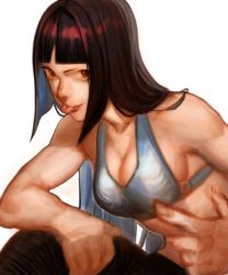 Rule 34 | 1girl, :p, alternate costume, bam (s2leona), bikini, bikini top only, black hair, breasts, casual, cleavage, gg (s2leona), hair down, han juri, lowres, purple eyes, solo, street fighter, street fighter iv (series), swimsuit, toned, tongue, tongue out