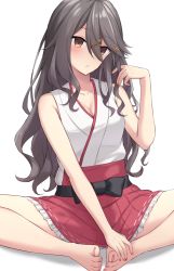 Rule 34 | 1girl, akahi242, barefoot, black hair, blush, breasts, brown eyes, cleavage, closed mouth, collarbone, fingernails, hair between eyes, hair ornament, hairclip, haruna (kancolle), highres, japanese clothes, kantai collection, long hair, nontraditional miko, pleated skirt, red skirt, simple background, skirt, sleeveless, solo, toenails, toes, white background, x hair ornament