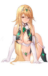 Rule 34 | 1girl, all fours, artist name, blonde hair, blush, breasts, chest jewel, cleavage, elbow gloves, gloves, hanging breasts, highres, large breasts, leaning forward, long hair, looking at viewer, mythra (xenoblade), nose blush, sidelocks, solo, swd3e2, thigh strap, thighs, tiara, white background, white gloves, xenoblade chronicles (series), xenoblade chronicles 2, yellow eyes