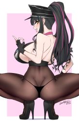 Rule 34 | 1girl, :d, ass, back, bikini, black bikini, black gloves, black hair, black pantyhose, blush, breasts, choker, dimples of venus, fate/grand order, fate (series), fingerless gloves, gloves, hat, high heels, j.k., large breasts, long hair, looking at viewer, open mouth, pantyhose, pink hair, sessyoin kiara, sessyoin kiara (swimsuit mooncancer), sessyoin kiara (swimsuit mooncancer) (second ascension), smile, solo, spread legs, squatting, swimsuit, teeth, tongue, tongue out, yellow eyes